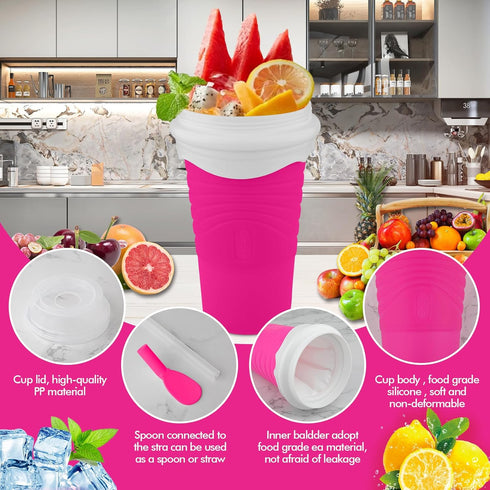 Slushie Maker Cup, DIY Magic Squeeze Cup for Juices, Milk, Ice Cream, Double Layers Silica Cup with Lid & Straw