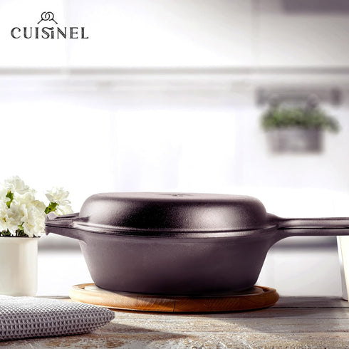 Cuisinel Cast Iron Skillet + Lid, 2-In-1 Multi Cooker, 3-Qt Dutch Oven, Pre-Seasoned Oven Cookware