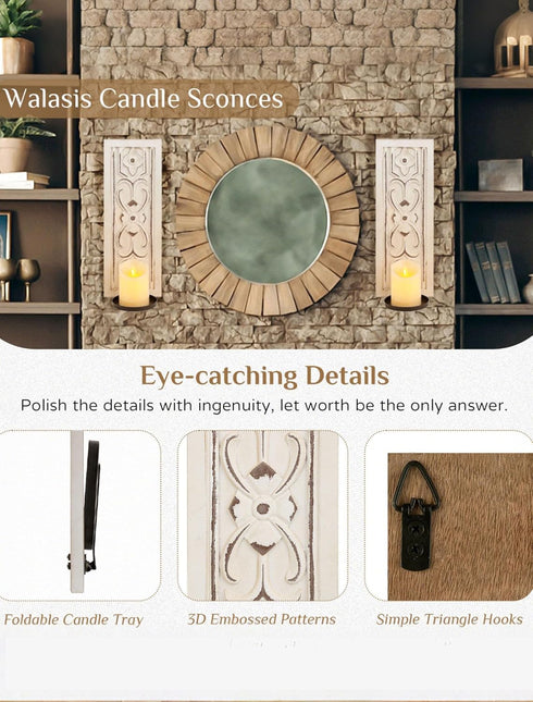 Set 2 Rustic Candle Sconces Wall Decor of - White Farmhouse Art Distressed Thickened Candles Shelf for Bathroom Bedroom