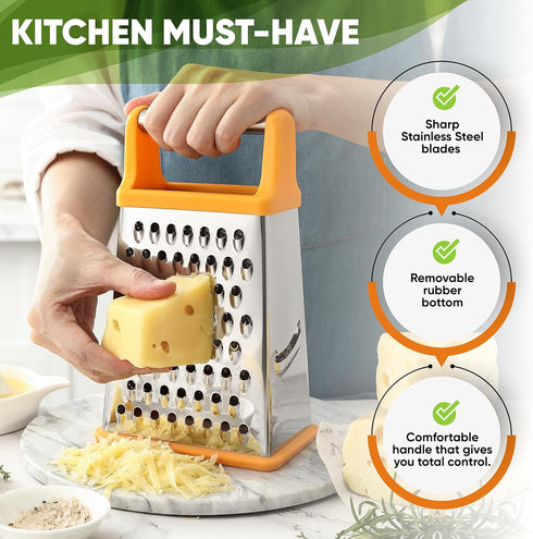 Spring Chef Handheld Stainless Steel XL Parmesan Cheese Grater, 4 Sided Manual Box Grater for Kitchen