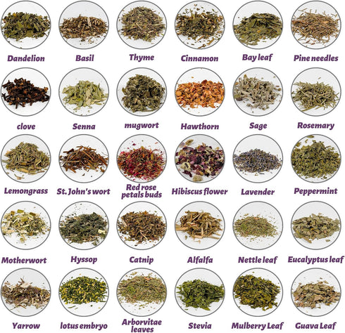 HOOMUU 30 Pack Witchcraft Herbs and Flowers, Essential Mixed Dried Herbal Box for Wicca Altar Rituals, Pagan Magic