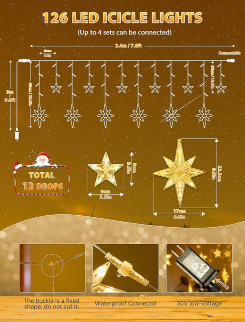 126 Lights,7.8ft in,8 LED Star Icicle Connectable Window Curtain Lights Plug Lighting Modes Timer Bethlehem Star