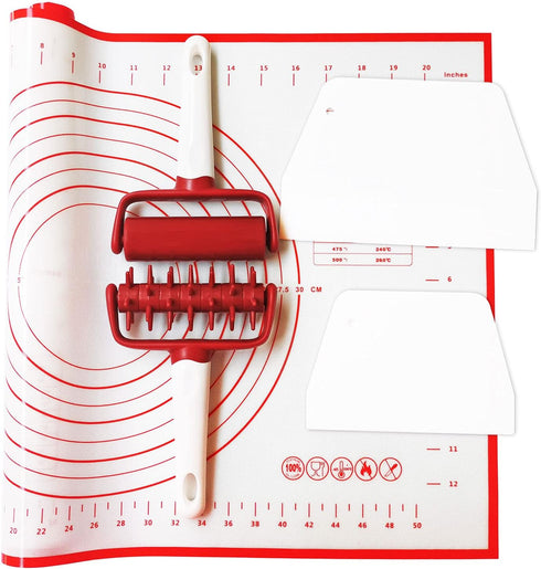 5 pcs Pizza Tools Set including Dough Roller, Docker, Silicone Pastry Dough Mat, and Dough Scraper Cutter