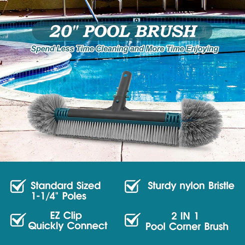 20'' Swimming Pool Brush Head, Detachable Pool Cleaning Brush with Durable Around Nylon Bristles, EZ Clip Aluminum