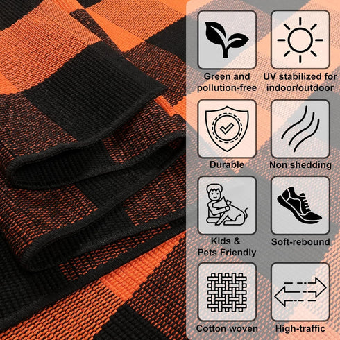 LEEVAN Orange and Black Buffalo Plaid Outdoor Rug 24"x 51", Washable Halloween Door Mat for Entryway