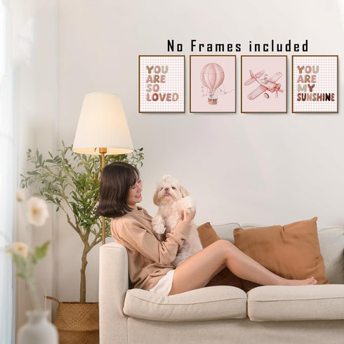 Set 4, 8x10 FITIE Pink Girl Nursery Wall Art Posters of Boho Nursery Decor Girl, You Are My Sunshine Hot Air Balloon