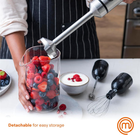 MasterChef Immersion Blender Handheld with Electric Whisk & Milk Frother Attachments, Stainless Steel Stick Emulsifier