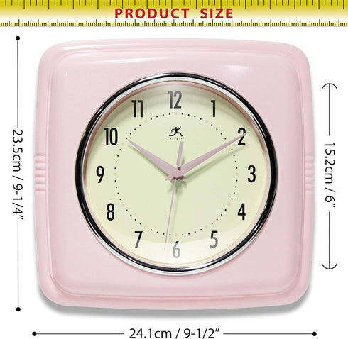 Infinity Instruments Square Silent Retro Wall Clock, 9 inch Mid Century Modern Kitchen Diner Quartz Sweep Movement, Pink