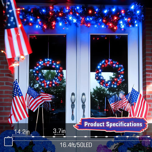 cshare 4th 16.4ft 50LED 4th Red White and Blue Fairy Lights Battery Operated, of July Lights with Timer for of July