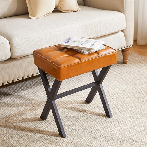 LG-71J IBUYKE Square Makeup Stool with X-Leg Foot Rest, PU Footrest, Ottoman Seat, Multi-Use as Small Side Table