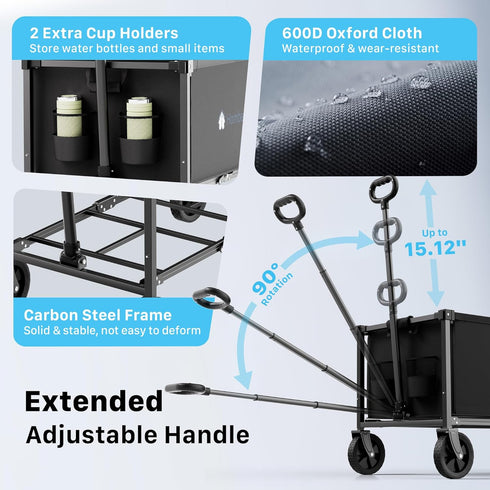 150L Collapsible Wagon Cart with Wheels, Lightweight Foldable Utility Cart, Portable Rolling Wagon for Garden