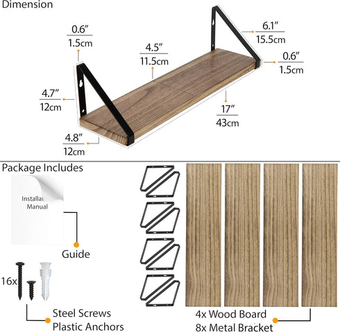 Wallniture Ponza Floating Shelves Set of 4, Wall Mounted Rustic Wood Board with Metal Bracket