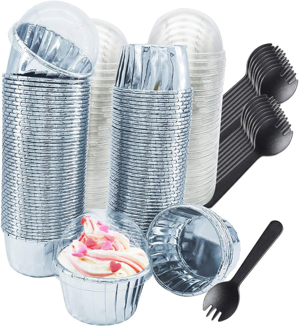 Foil Cupcake Liners with Lids 100Pack, 3.5Oz Mini Muffin Liners, Disposable Baking Tins for Individual Bakery