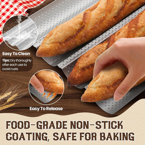 Baguette Bread Pan, Premium Nonstick Perforated Baking Tray for 4 Loaves of French Bread, Crisp Golden-Brown Crust