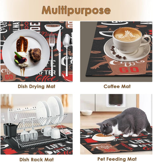 2 Pcs Funny Abstract Cartoon Red Coffee Mat for Countertops, Dish Drying Mat for Kitchen Coffee Bar Accessories