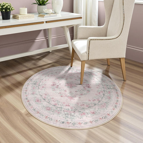 4ft Wonnitar Bow Print Washable Round Rug, Pink Circle Rug for Girl Nursery Decor, Non Slip Ultra-Thin Soft Boho Floral