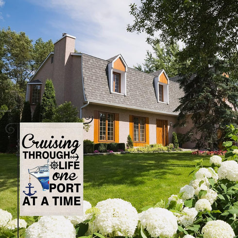 ZJXHPO Garden Flag Cruising Ship, Cruise Life Gift Banner, Cruising Through Life One Port at a Time Summer Decor