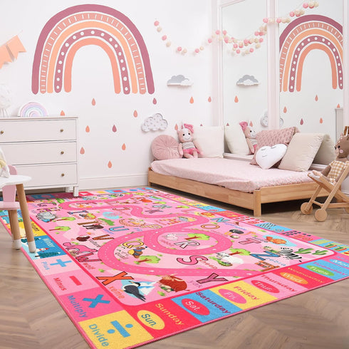 3X5 Terrug Kids Rug for Playroom, Educational Classroom Rug for Kids Room, Washable Nursery Rugs Non Slip Playroom Rugs