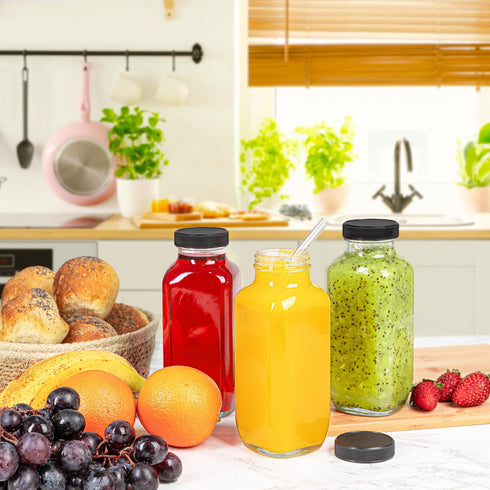 umud 16 Oz Set 20 (20) Juice Bottles with Lids, - of - Clear Glass Jars with Caps - Reusable Empty Drink Containers
