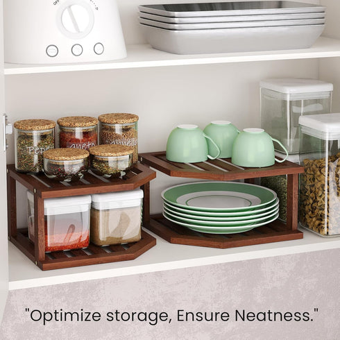 Shelf,2 Countertop,Pantry VERTORGAN Bamboo Corner Tier Plate Organizer for Cabinet and Dish and Spice Rack