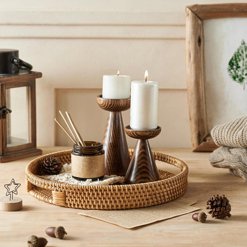 14 Counter JUNGLE CULTURE Handcrafted Round Wicker Tray Large Decorative Rattan Serving Basket for Coffee Table