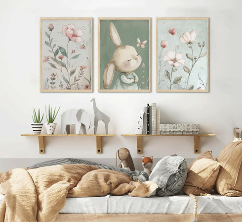 PPJ 3Pcs Nursery Bunny Wall Art Cute Rabbit Botanical Flowers Wall Decor Green Nursery Pictures Posters Girl Bedroom
