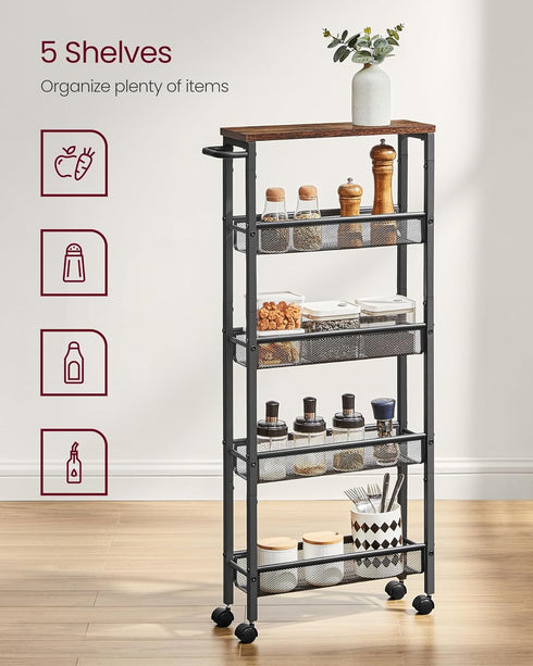 VASAGLE Slim Rolling Cart, 5-Tier Storage Cart with Handle, 5.1 Inches Deep Metal Frame for Kitchen, Dining Room, Home
