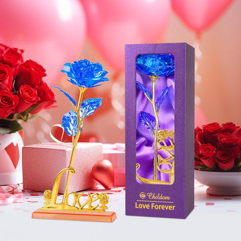 Childom Birthday Gifts for Women, Christmas Rose Gifts for Her Mom, Blue Rose with Love Stand for Wife