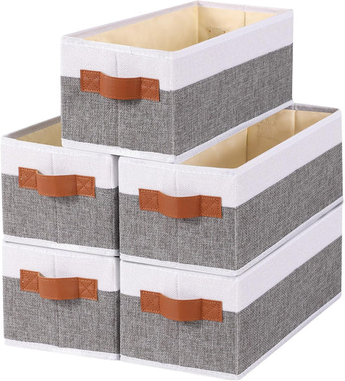 Small Storage Basket 5-Pack, Foldable Open Storage Bins with Handles, Fabric Containers, White and Gray