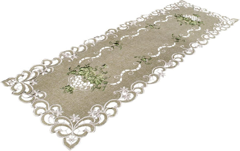 Embroidered Green Leaf Table Runner, Antique Green Fabric Dresser Scarf, Coffee Table Doily (16Wx35L)