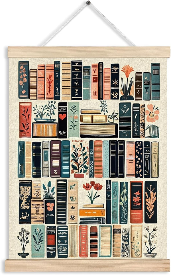 Vintage Bookshelf Book Canvas Wall Art Poster, Reading Nook Corner Decor, Retro
