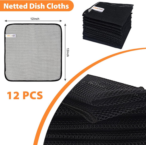 SUNLAND Mesh Dish Cloths for Washing Dishes No Odor Dishes Scrubber for Kitchen-Fast Drying and Easy to Clean Mesh Dishes Cloth 12 Pack 12Inch x12Inch Black by SUNLAND