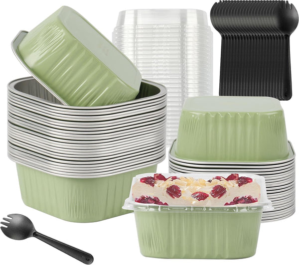 BAKINGPAK 30PCS Cupcake Liners With Lids, 10oz Square Mini Aluminum Pans, Disposable Ramekins for Children Party
