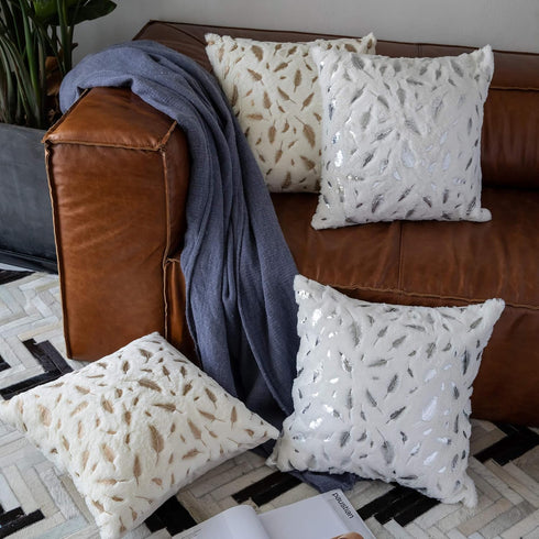 Decorative Pillow Covers - 18x18 Inch Throw Pillows for Living Room, Set of 2 White Fur with Gold Leaves