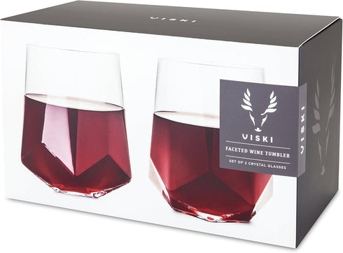 Viski Raye Faceted Crystal Wine Glasses - Set of 2, No-Lead Premium Crystal Clear Glass, Modern Stemless, 20 oz