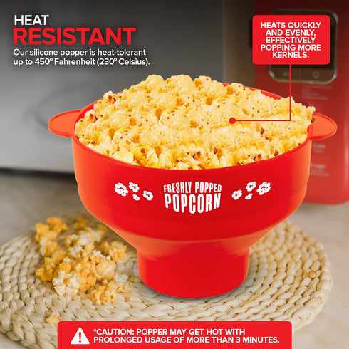 Silicone Microwave Popcorn Popper (Red), Collapsible Air Popper with Lid, Reusable, BPA-Free, Dishwasher Safe