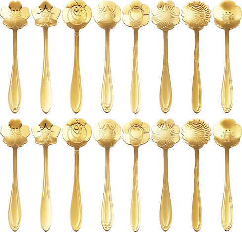 16 Pieces Flower Spoon Coffee Teaspoon Set, PBIEHSR Stainless Steel Coffee Tea Spoons Dessert Scoop for Stirring Drink Mixing Milkshake Jam (Gold-16)