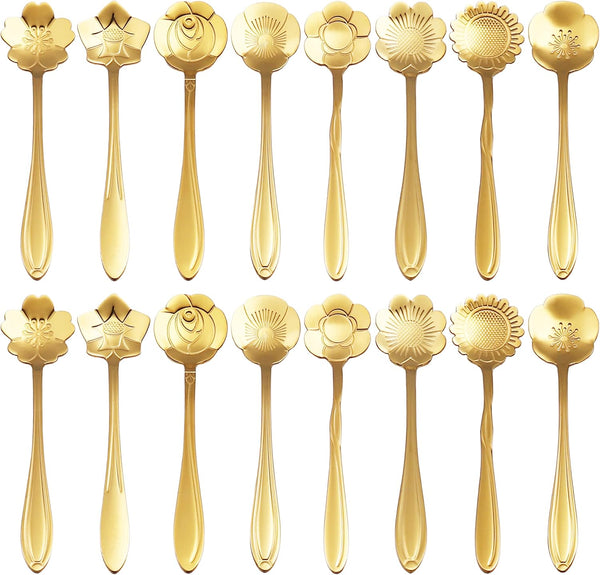 16 Pieces Flower Spoon Coffee Teaspoon Set, PBIEHSR Stainless Steel Coffee Tea Spoons Dessert Scoop for Stirring Drink Mixing Milkshake Jam (Gold-16)