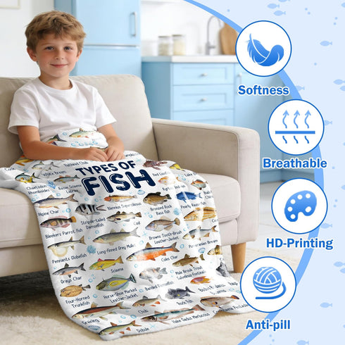Cozy Size-60"x80" Fish Throw Blanket,Types of Fish Blanket Fishes Blanket Gifts,Ultra Soft Lightweight Flannel Blankets