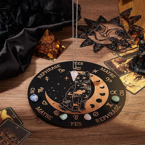 Wooden Pendulum Board 7.9" - Cat Moon Witch Dowsing Divination Planchette Board with Healing Crystal Necklace