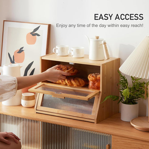 GHWIE Double Layer Bamboo Bread Box, Large Capacity Kitchen Counter Storage Bin with Acrylic Wavy Door Panel, Natural