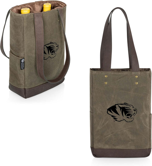 PICNIC TIME 2 Bottle Insulated Tote, Distressed Waxed Canvas Wine Gift Bag, Khaki Green with Beige Accents