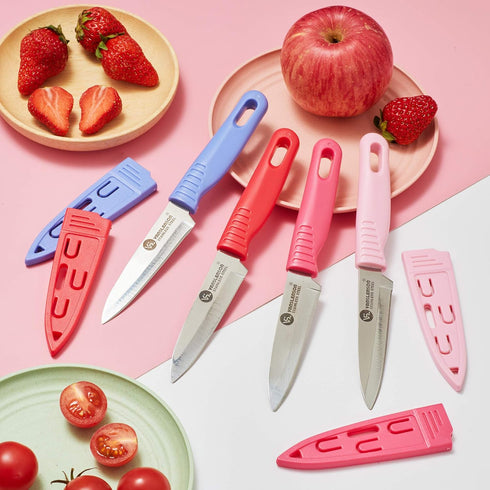 4 Pieces Kitchen Knife Set, Stainless Steel Blade Paring Knife for Fruit and Vegetable with Matching Covers, Colorful