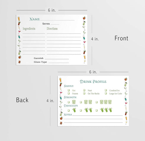 Cocktail Recipe Cards, 4x6 Inches, 50 Fill-in-the-Blank Cards for Recipe Box with Watercolor Border