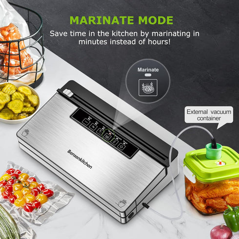 Bonsenkitchen Vacuum Sealer Machine, Powerful Food Sealer with 5 Modes, Built-in Cutter & Bag Storage, Stainless Steel