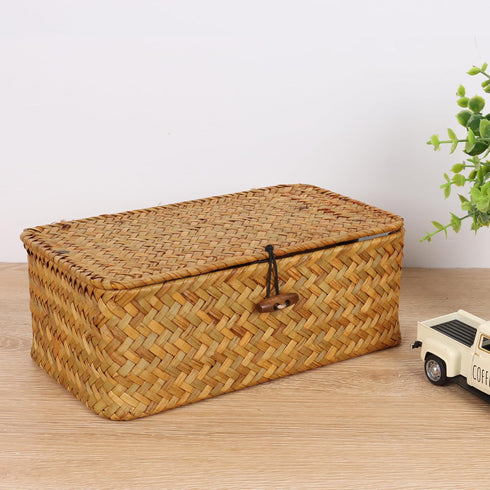 FEIALNDUO Wicker Shelf Baskets with Lid, X-Small Rectangular Handwoven Seagrass Storage Basket Bins for Home Organizer
