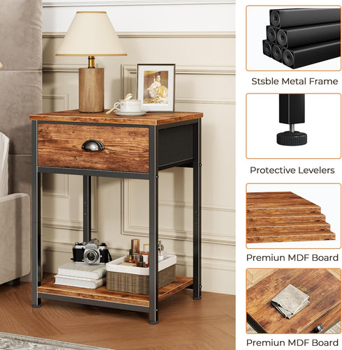 2 Furologee End Table with Storage Shelf and Fabric Drawer, Tiers Industrial Nightstand, Bedside Table Organizer