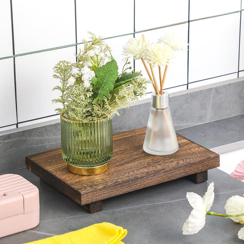 Rustic Wood Riser Tray for Kitchen Sink - Bathroom Soap Stand and Display for Bottles, Candles, Dishes - Brown, 9 x 6 Inch