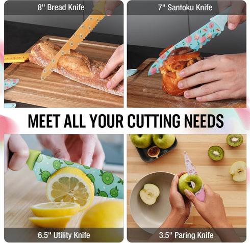 HAUSHOF Kitchen Knife Set - 12-Piece Colorful Knives with 6 Sheaths, Non-Stick Stainless Steel Blades for Gifts
