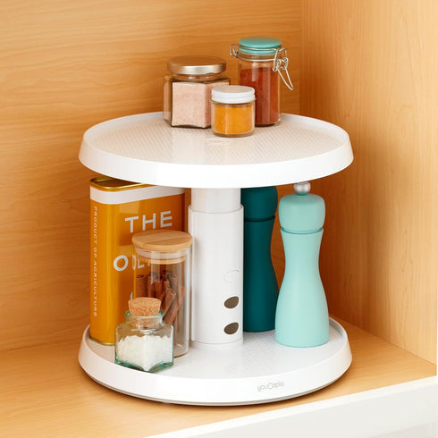 YouCopia Crazy Susan Two-Tier Turntable, Height-Adjustable Lazy Susan Organizer for Kitchen Cabinet & Pantry